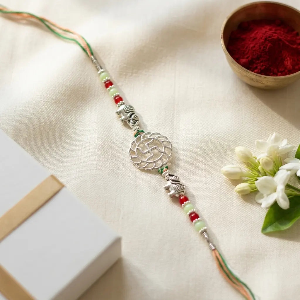 92.5 Silver Swastik & Elephant Rakhi