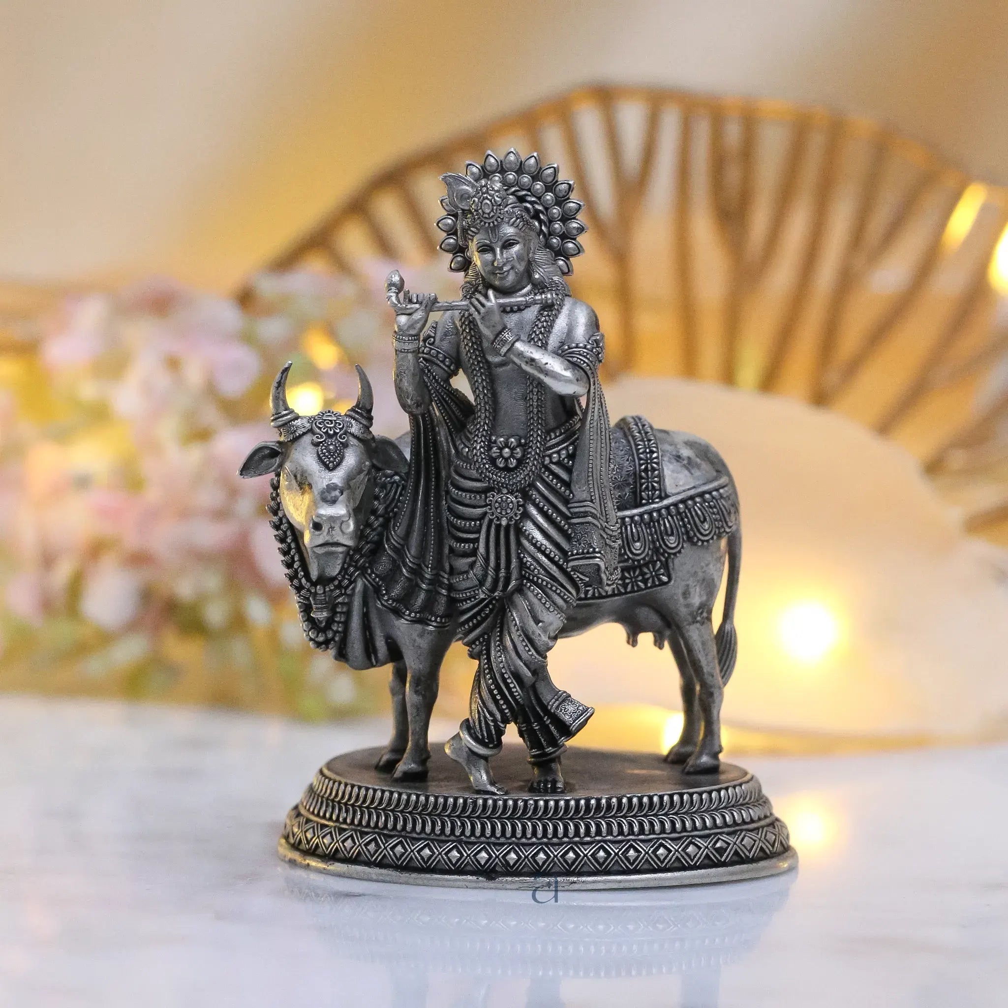 925 Sterling Silver Antique Finish Hollow Shri Krishna with Cow Idol