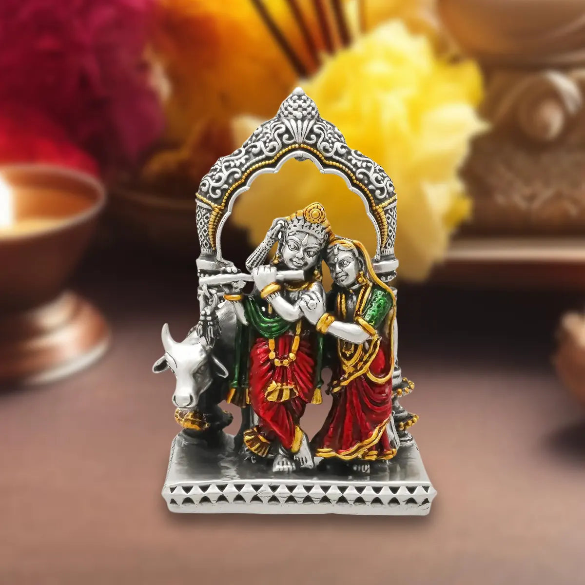 Vibrant 925 Antique Radha Krishna Silver Idol
