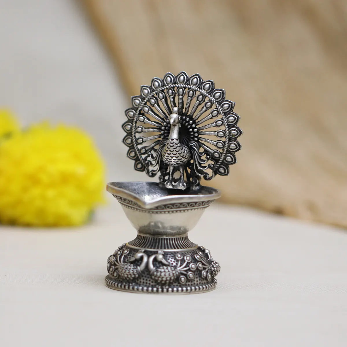925 Antique Silver Peacock Diya