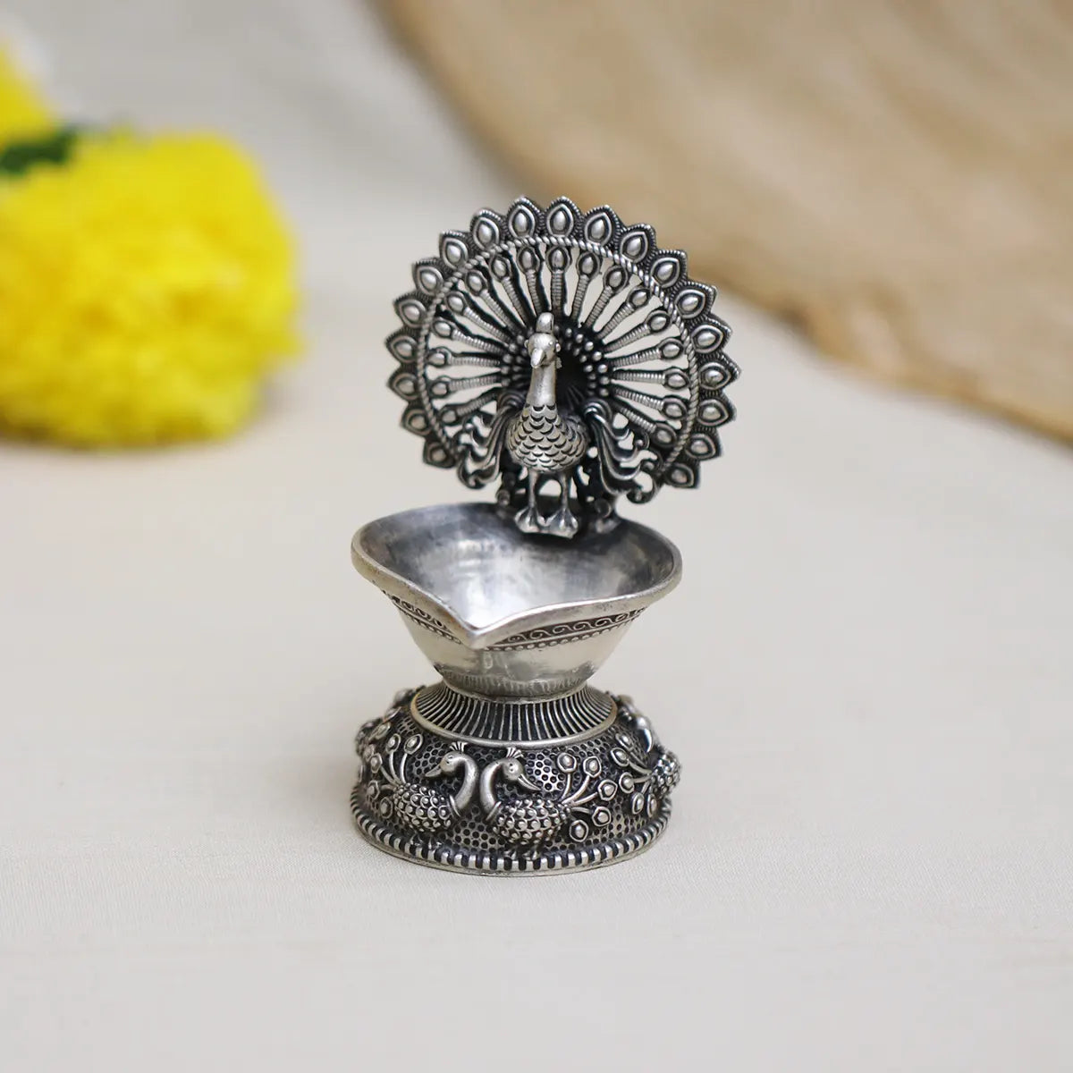 925 Antique Silver Peacock Diya