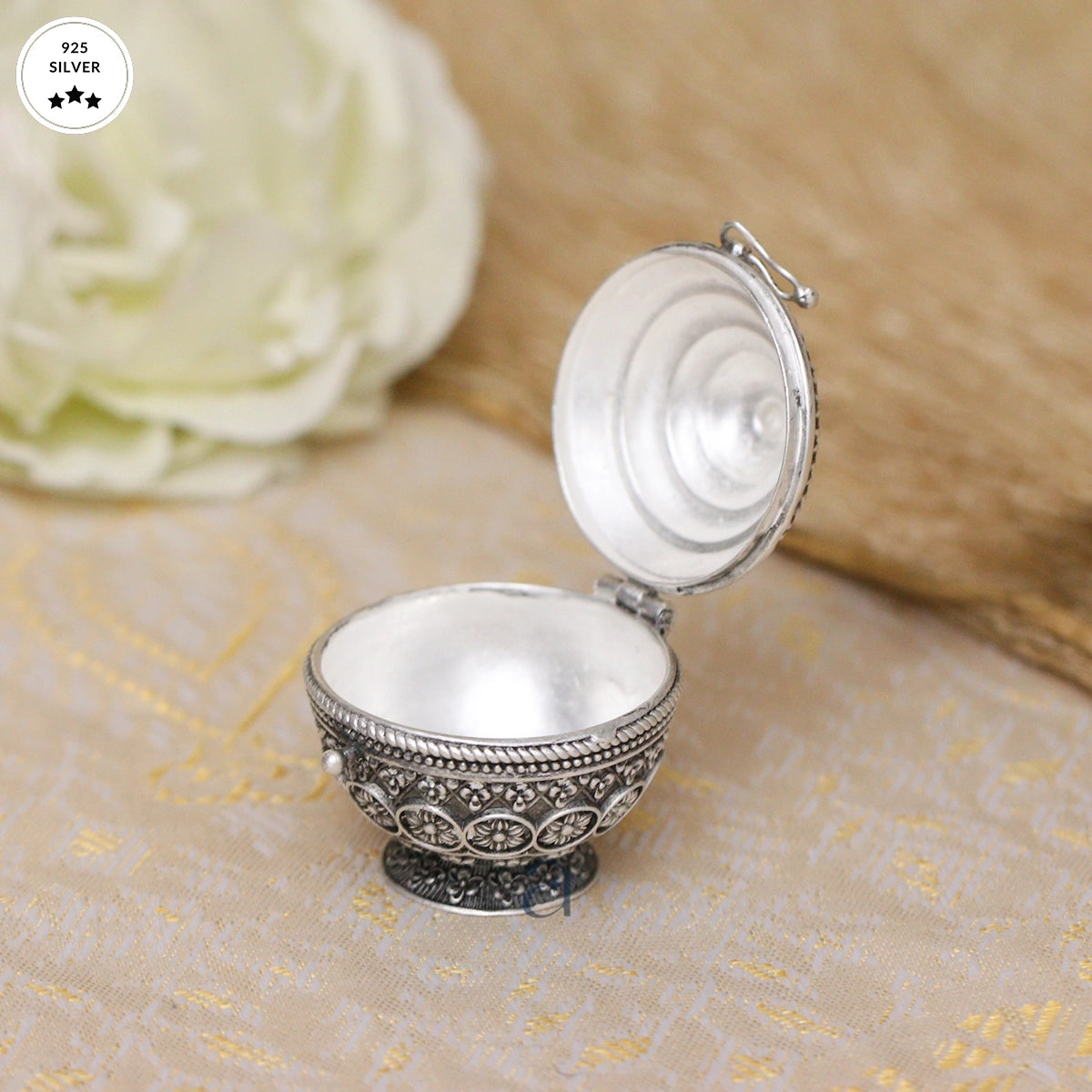 Antique Silver Karanda with Intricate Flower Motif