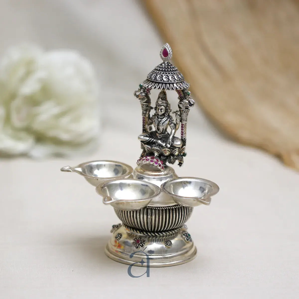 925 Antique Stone Decorated Silver Lakshmi Diya