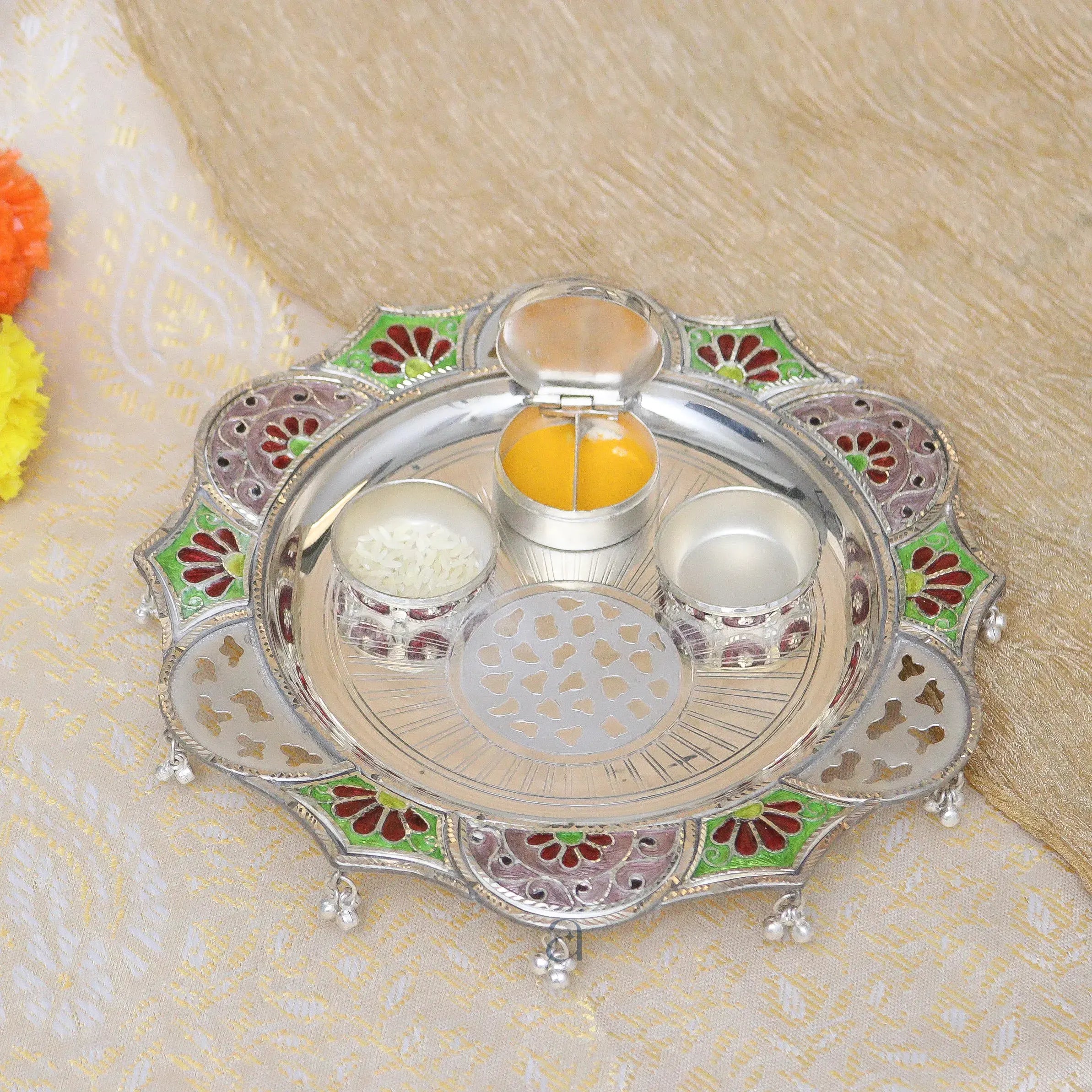 Colorful Traditional Silver Pooja Thali