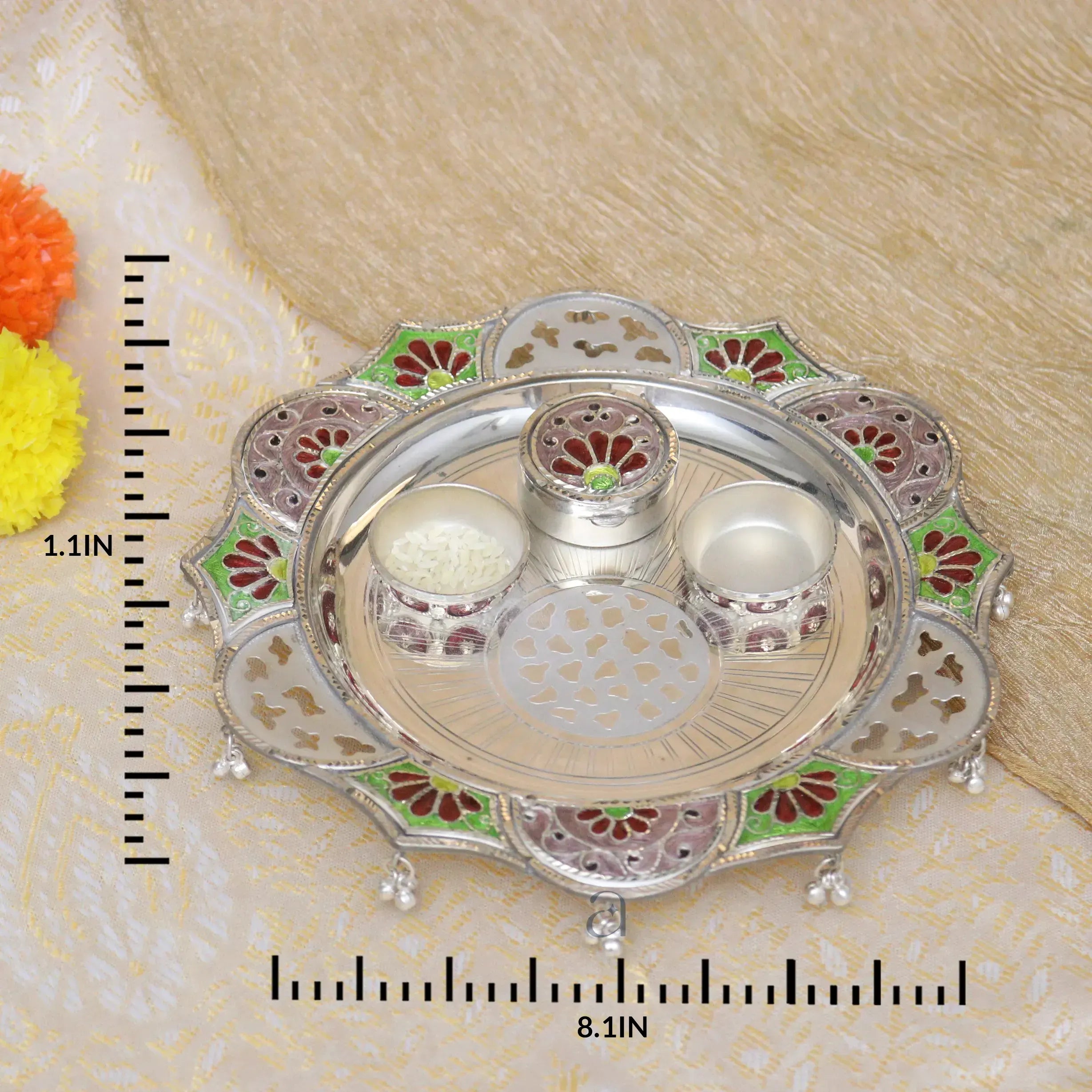 Colorful Traditional Silver Pooja Thali
