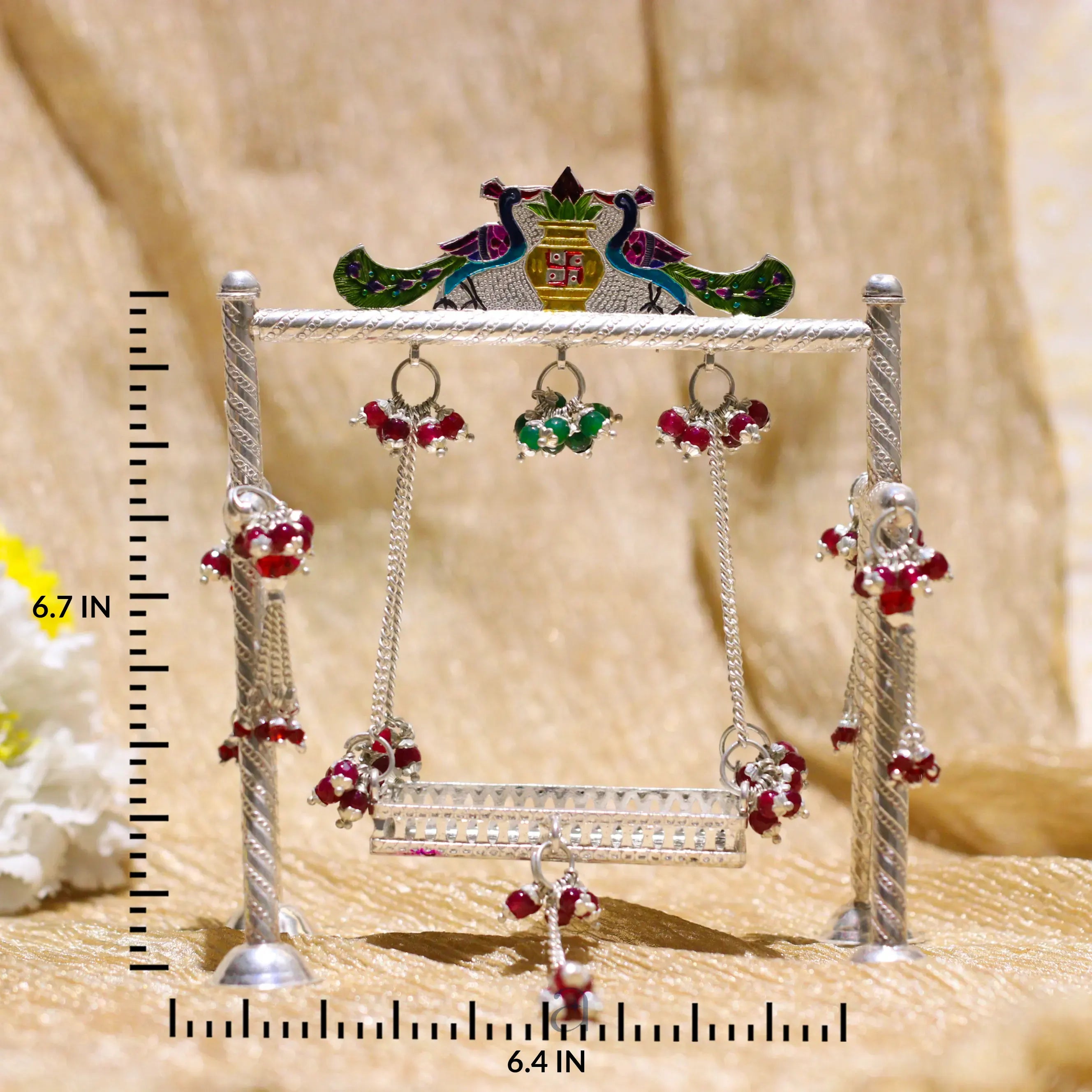 Stone Decorated Peacock Designed Silver Jhoola