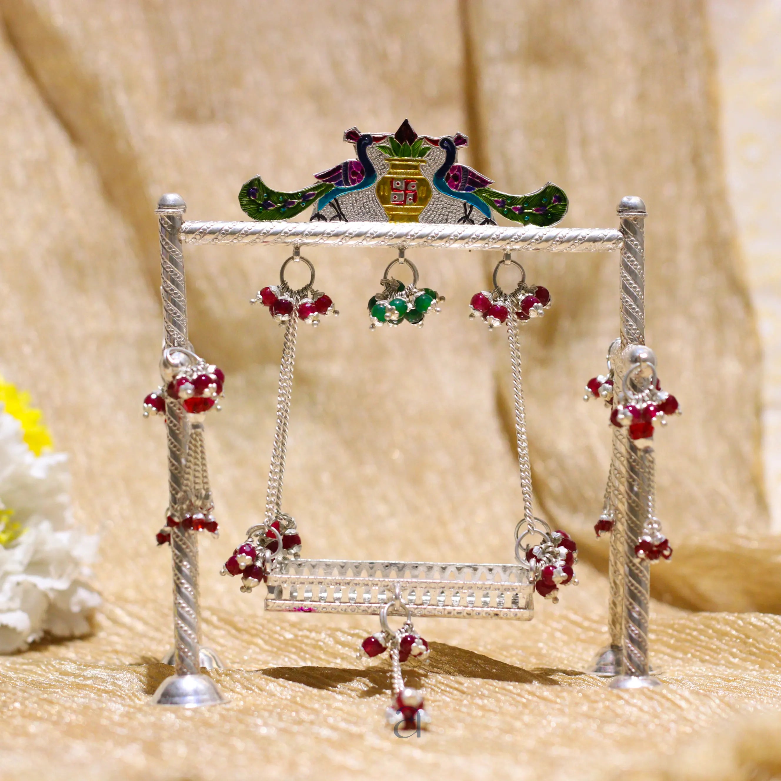 Stone Decorated Peacock Designed Silver Jhoola