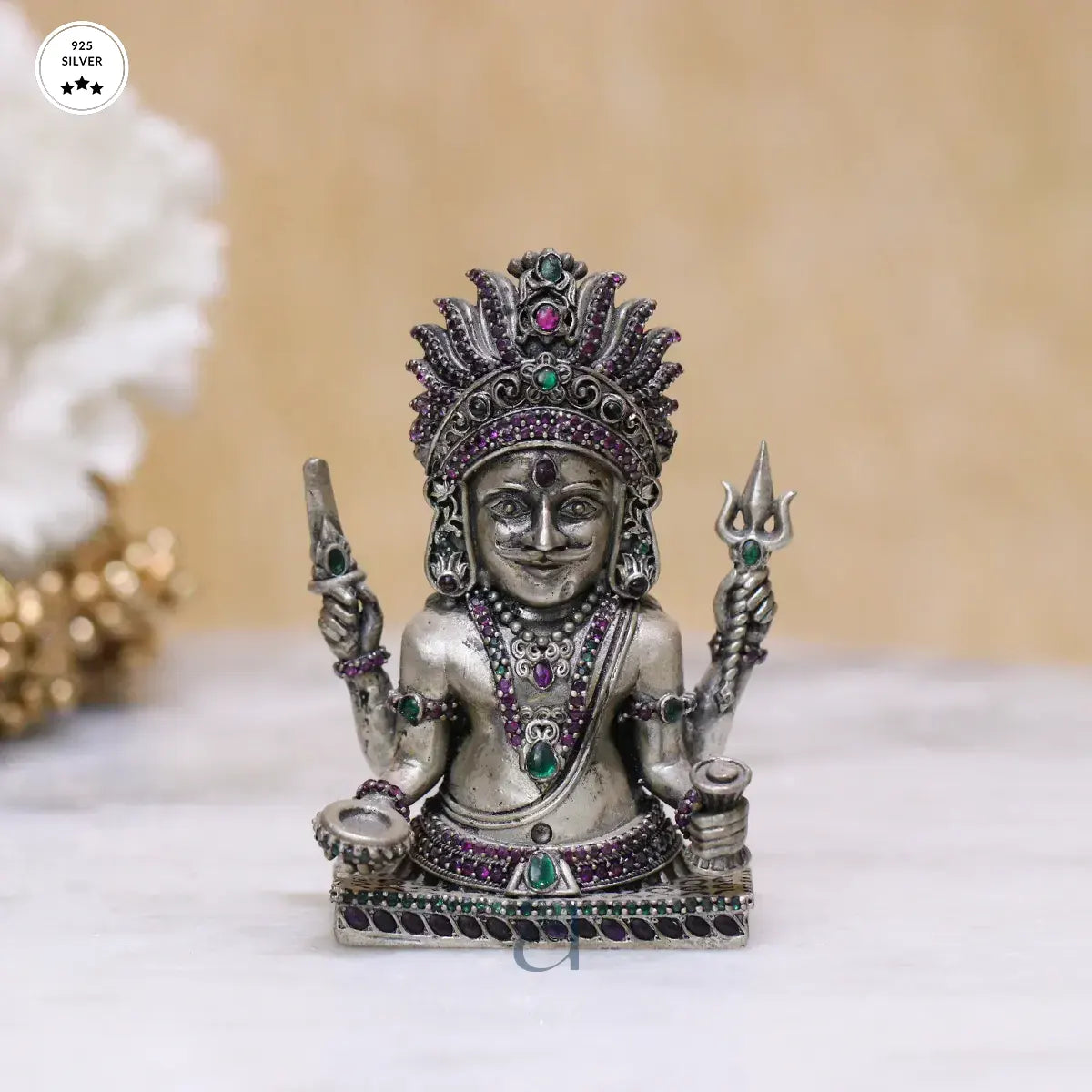 Stone Decorated 925 Antique Silver Nakoda Idol