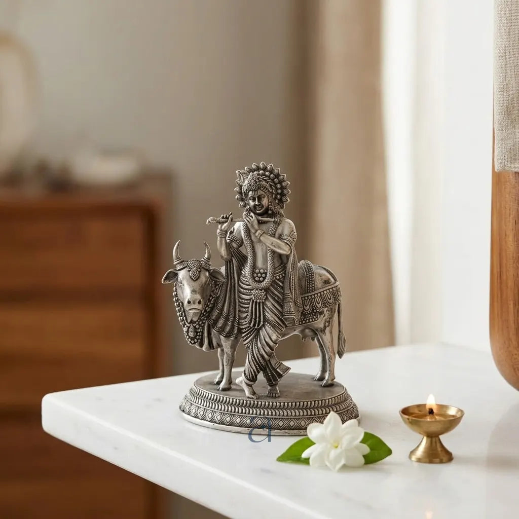 925 Sterling Silver Antique Finish Hollow Shri Krishna with Cow Idol