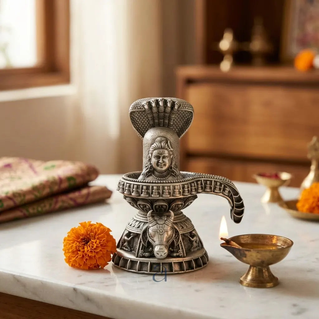 925 Sterling Silver Antique Finish Hollow Shivling with Nandi Idol