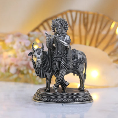 925 Sterling Silver Antique Finish Hollow Shri Krishna with Cow Idol