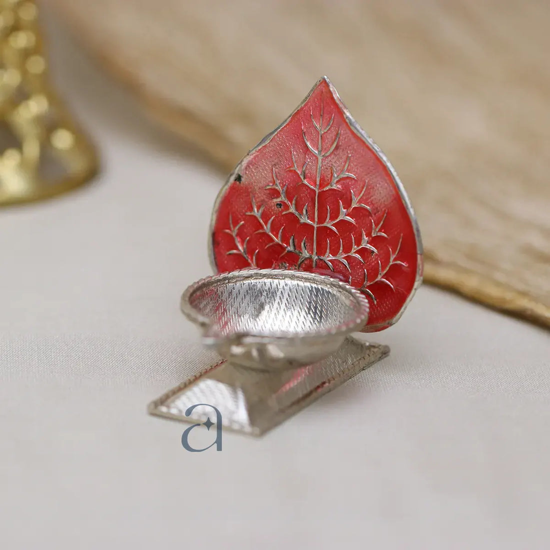 Divine Red Leaf Silver Diya