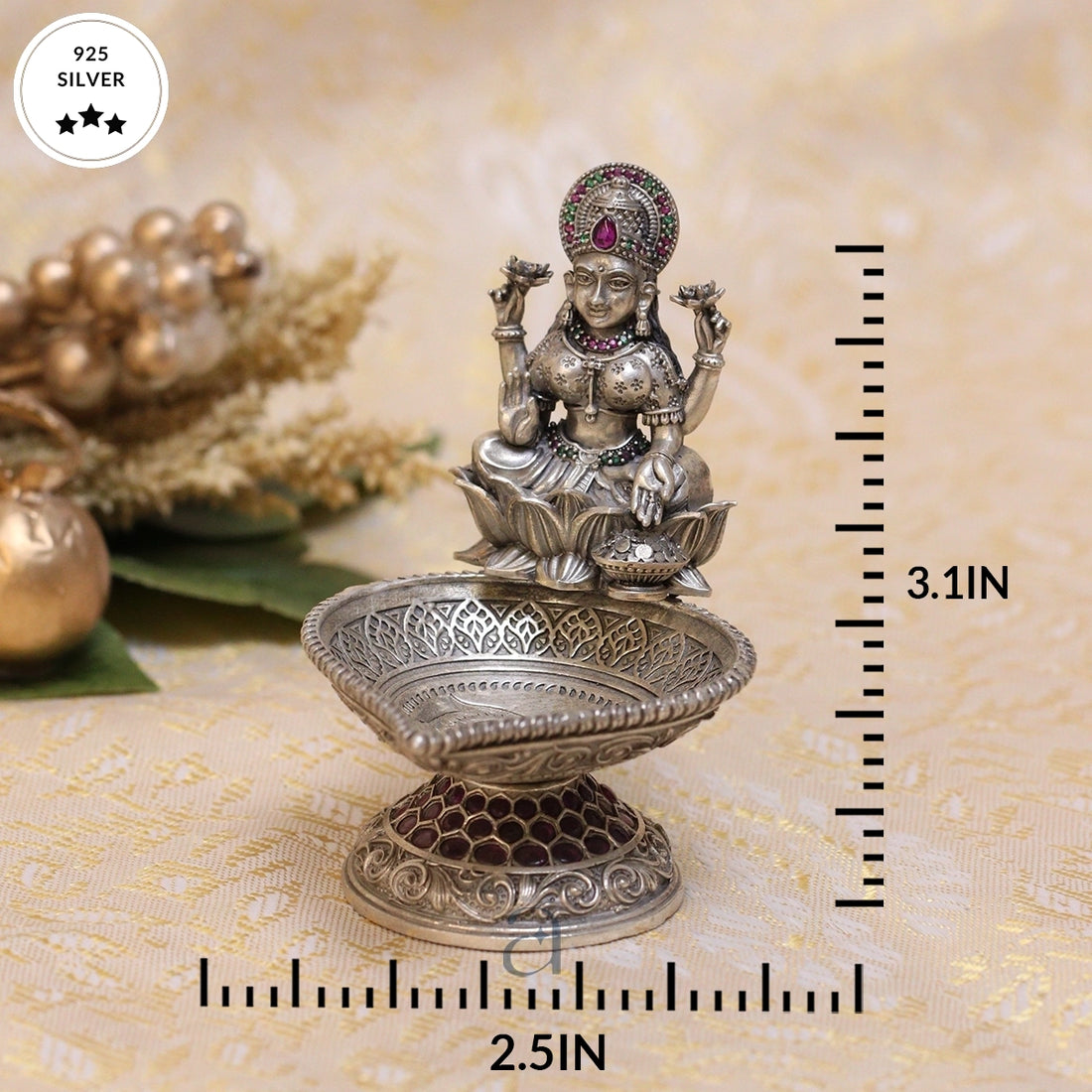 Exquisite Silver Niranjan Diya with Intricate Stones