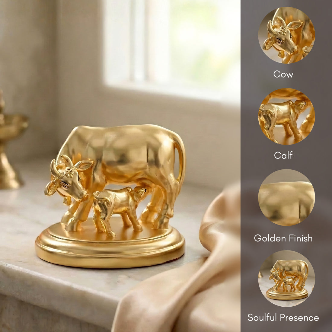 Golden Kamadhenu Cow and Calf Idol