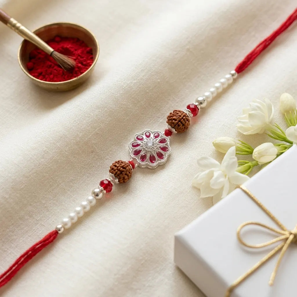 92.5 Silver Rudraksha &amp; Flower Rakhi