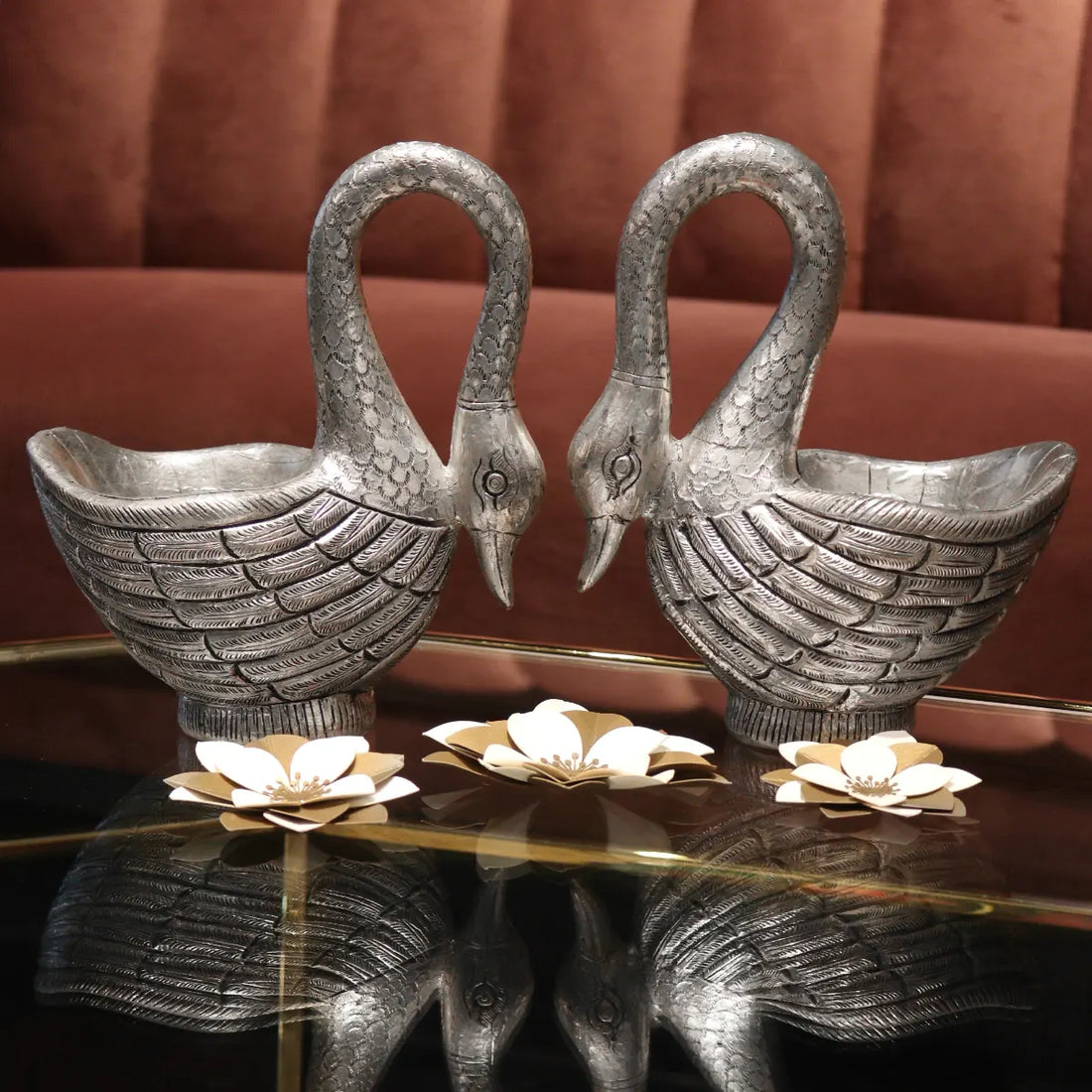 925 Antique Silver Swans Statue