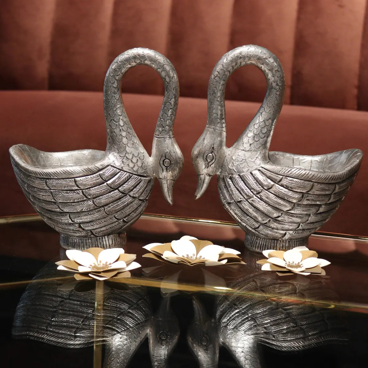 925 Antique Silver Swans Statue