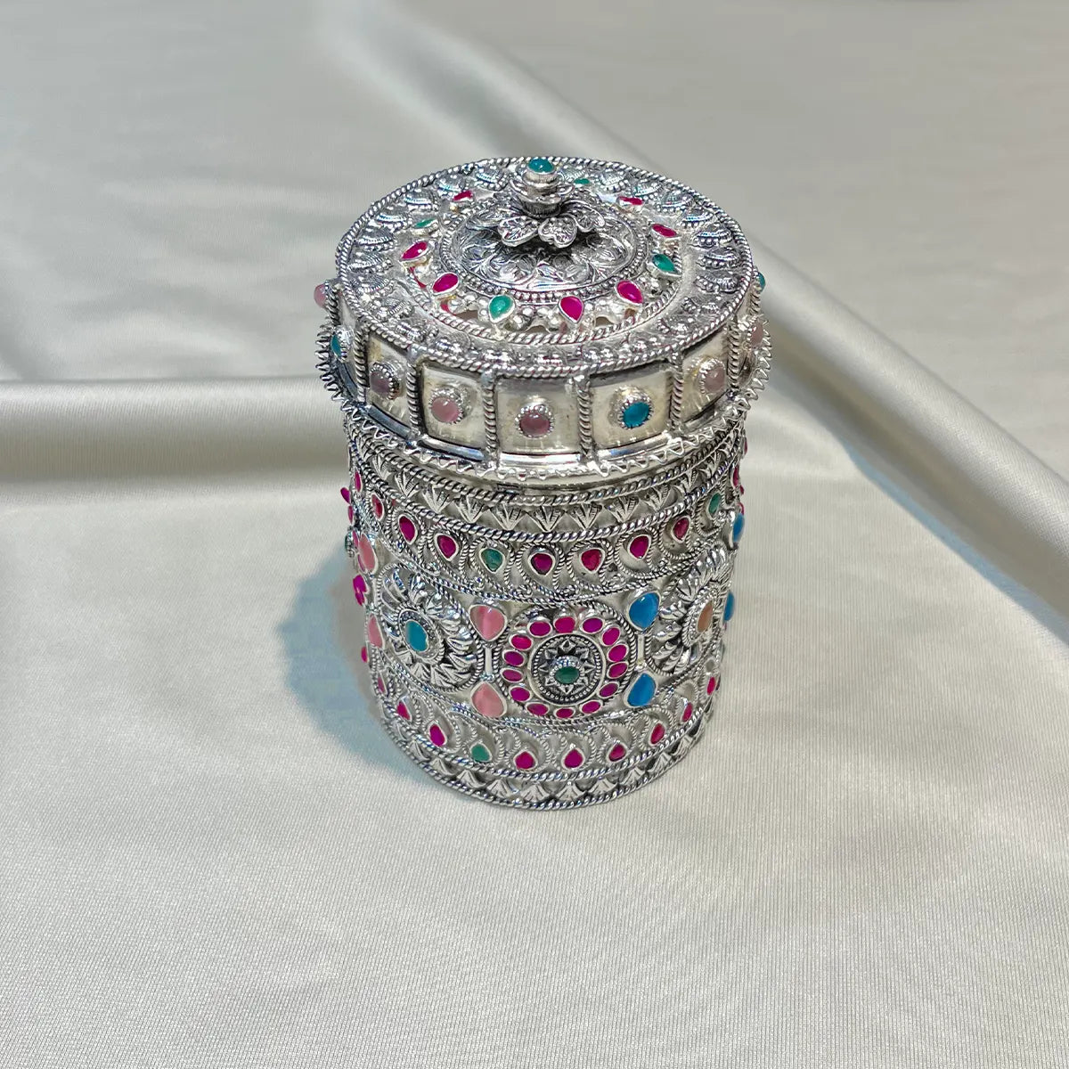 Charming Stone Decorated Antique Silver Jewelry Box