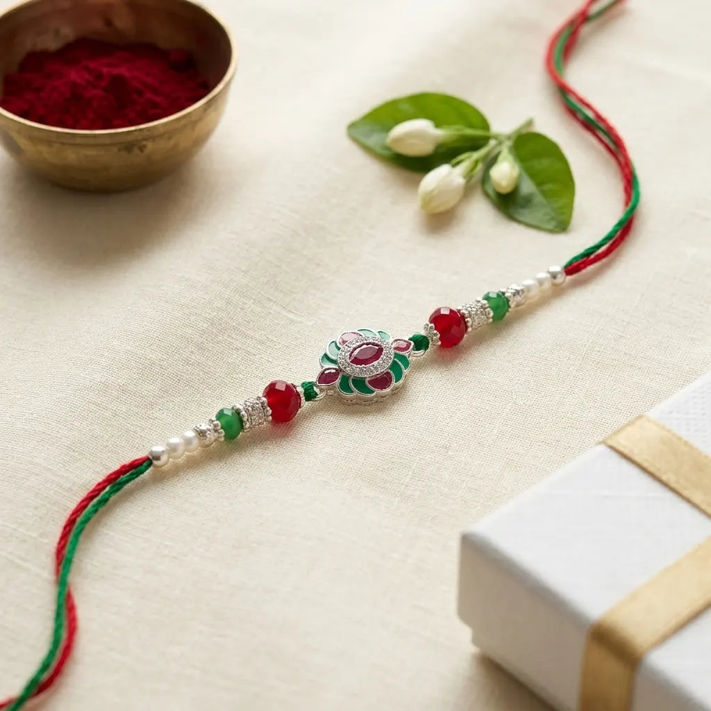 92.5 Silver Red Floral Rakhi for Brother