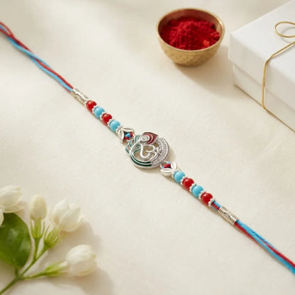 92.5 Silver Om &amp; Peacock Feather Rakhi