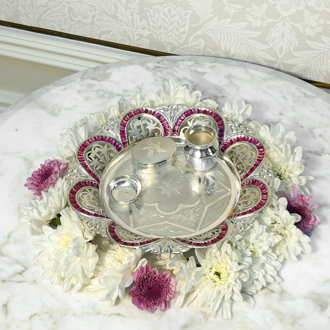 Pink-Colored Silver Thali