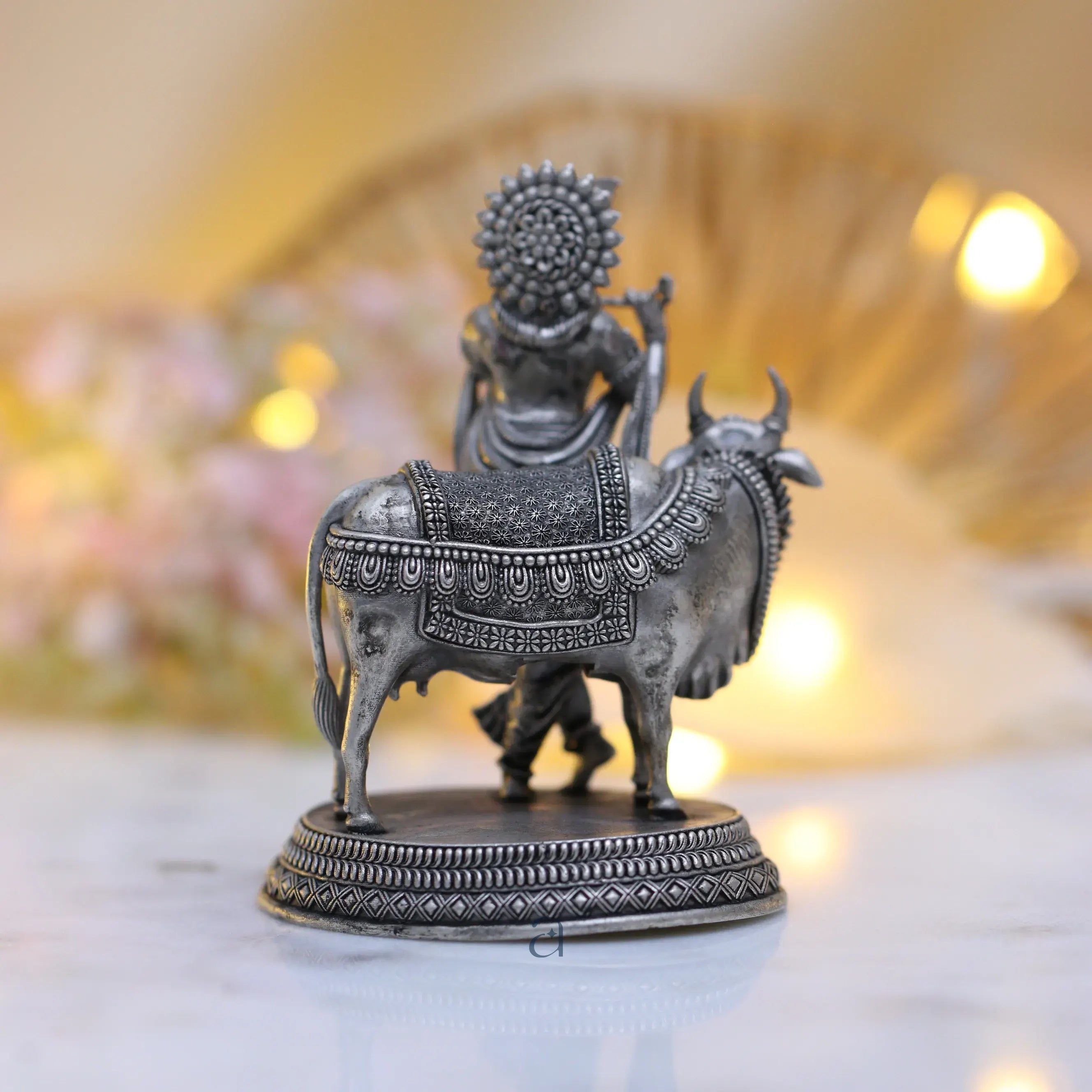 925 Sterling Silver Antique Finish Hollow Shri Krishna with Cow Idol