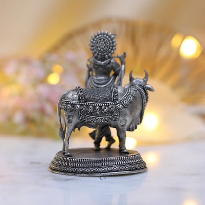 925 Sterling Silver Antique Finish Hollow Shri Krishna with Cow Idol