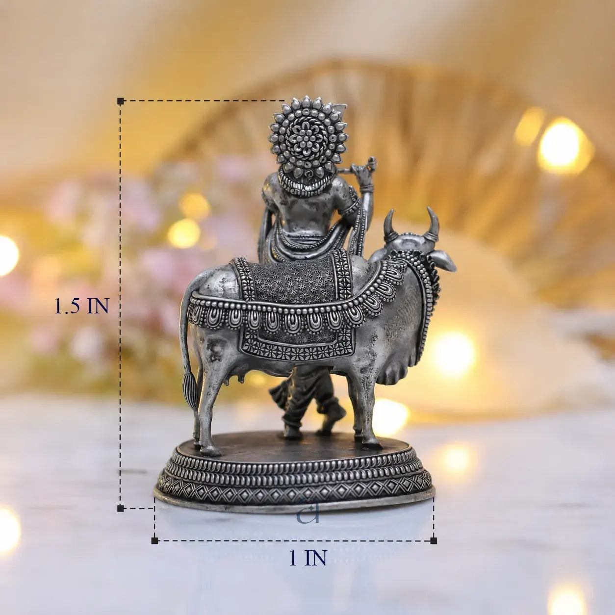 925 Sterling Silver Antique Finish Hollow Shri Krishna with Cow Idol