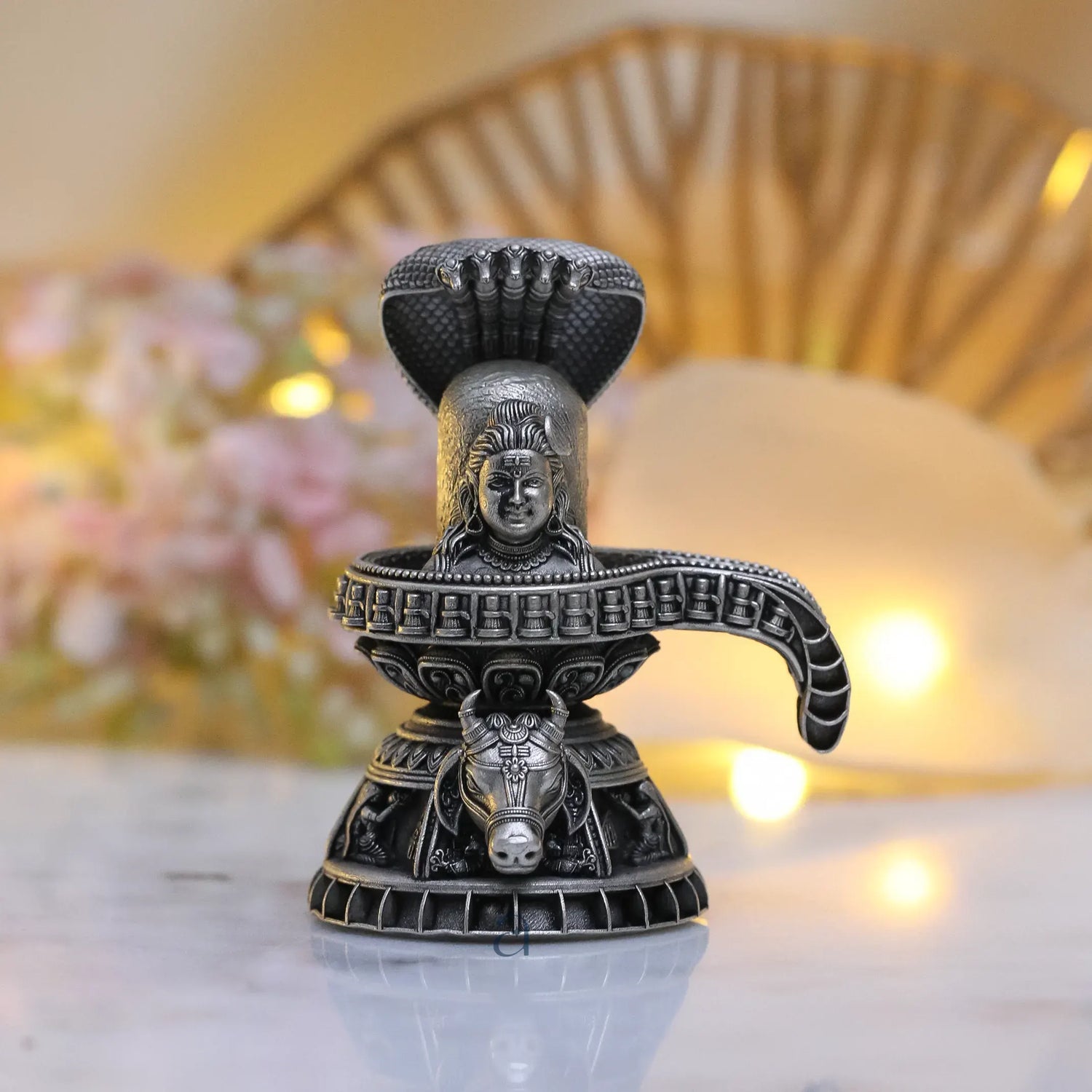 925 Sterling Silver Antique Finish Hollow Shivling with Nandi Idol