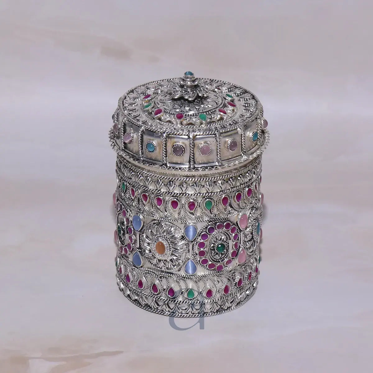 Charming Stone Decorated Antique Silver Jewelry Box