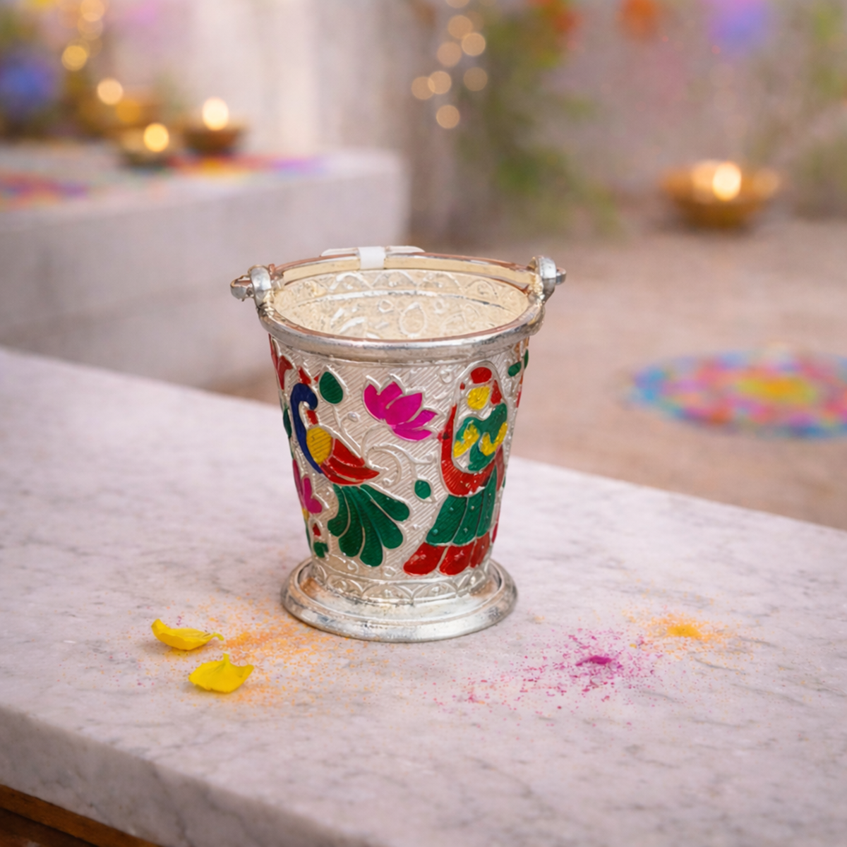 Silver Bucket for Holi Celebration