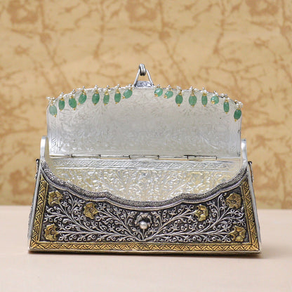 925 Antique Emerald Stone Decorated Silver Purse