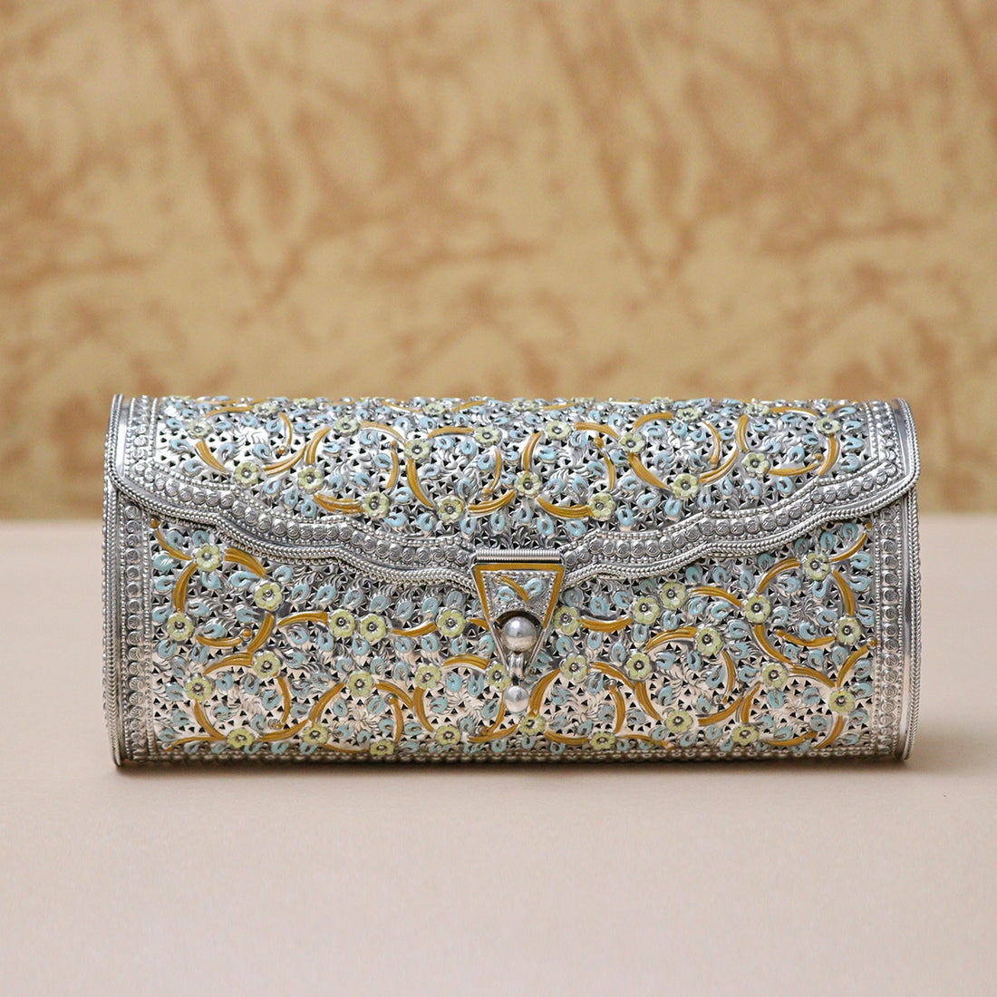 925 Antique Yellow Floral Designed Silver Purse