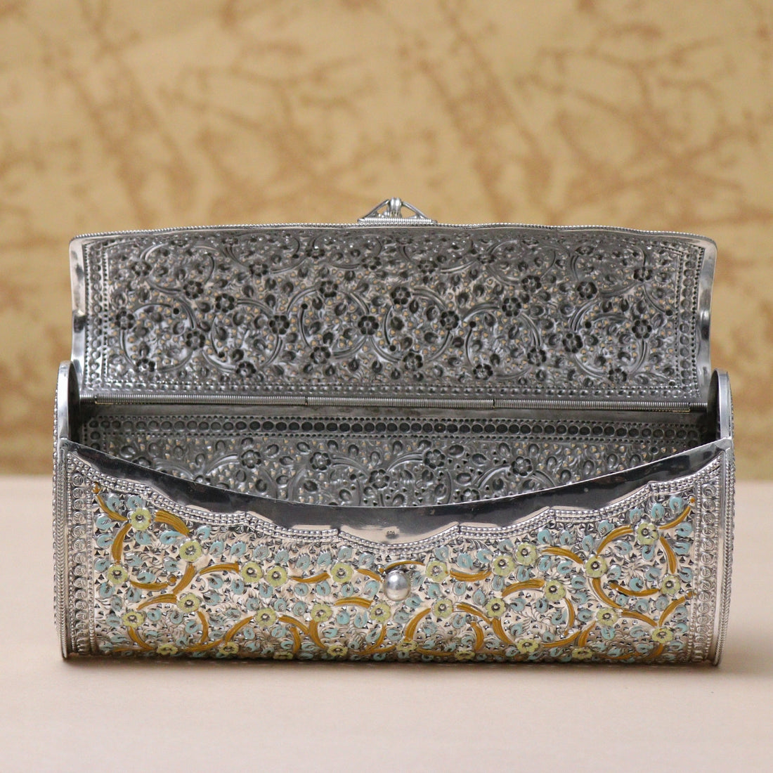 925 Antique Yellow Floral Designed Silver Purse