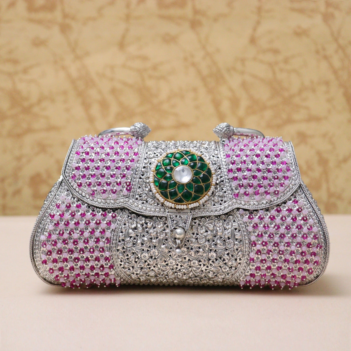 925 Antique Pink &amp; Green Stone Decorated Silver Purse