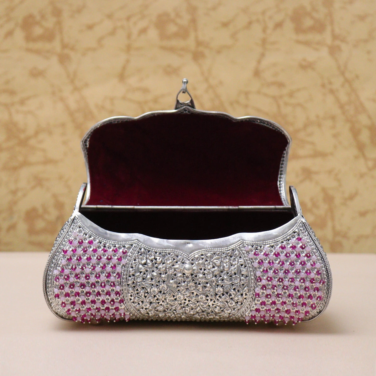 925 Antique Pink &amp; Green Stone Decorated Silver Purse