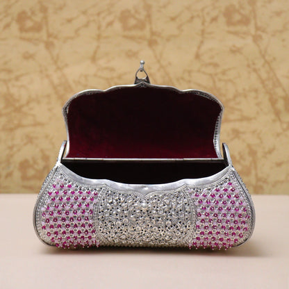 925 Antique Pink &amp; Green Stone Decorated Silver Purse