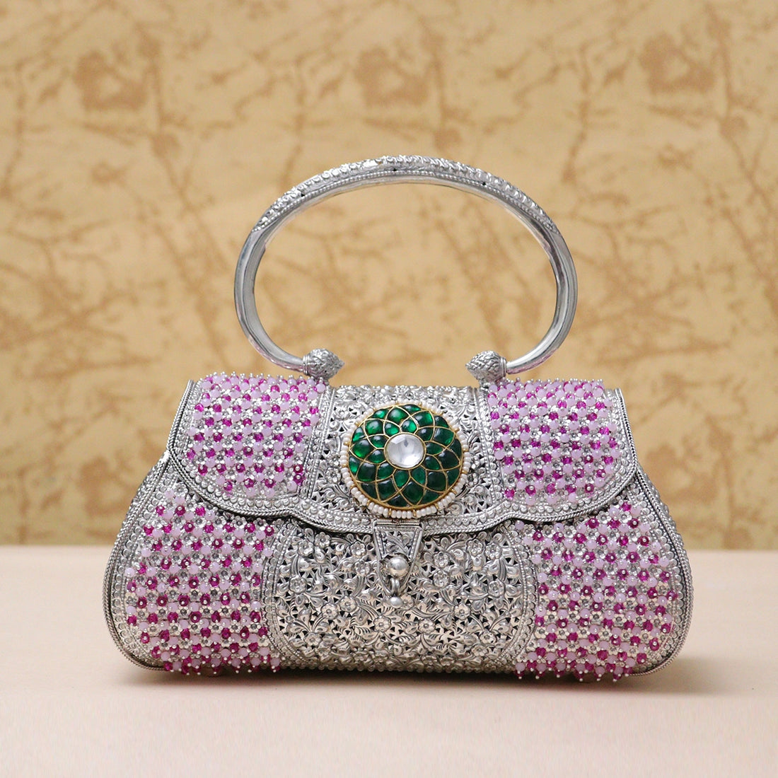 925 Antique Pink &amp; Green Stone Decorated Silver Purse