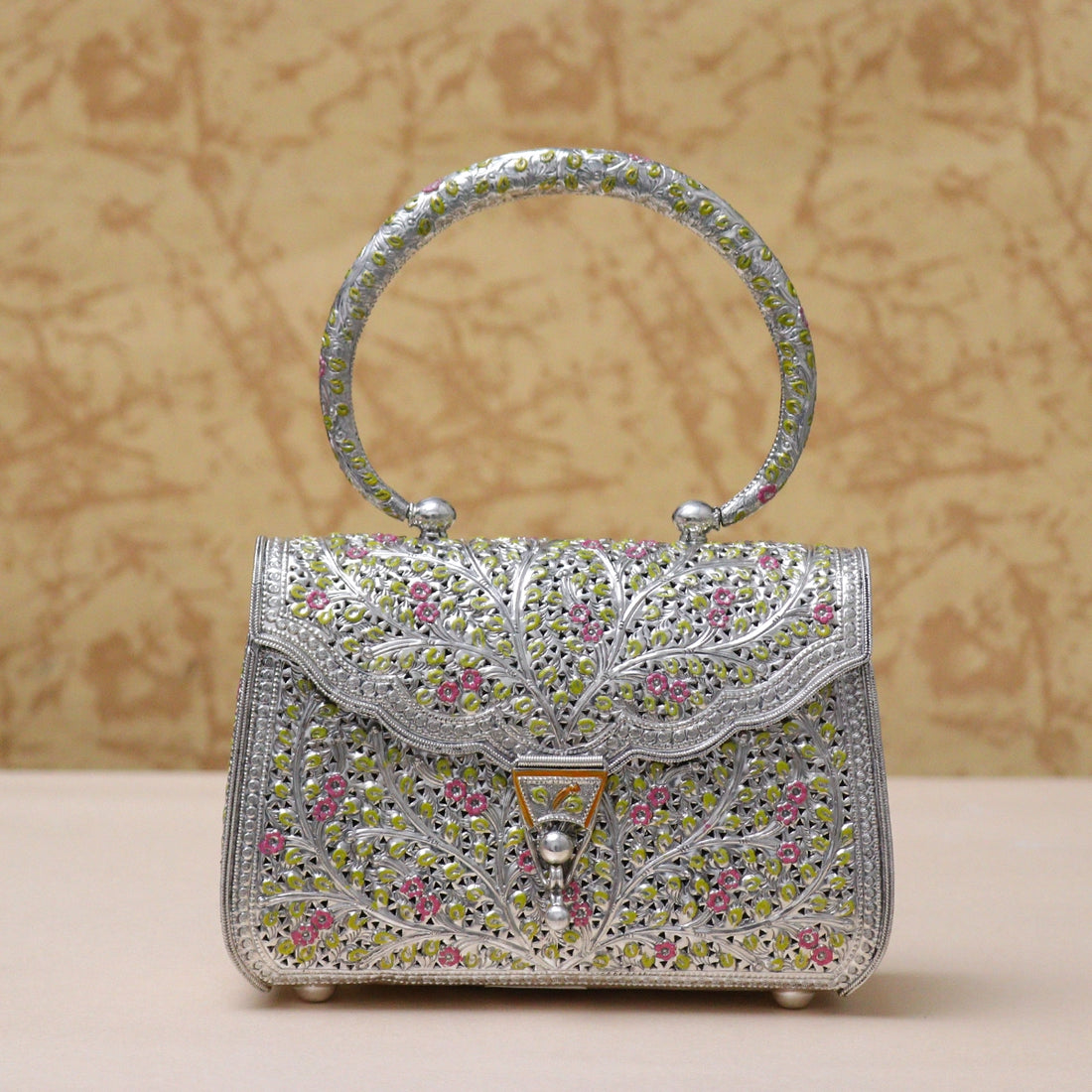 925 Antique Pink Floral Designed Silver Purse