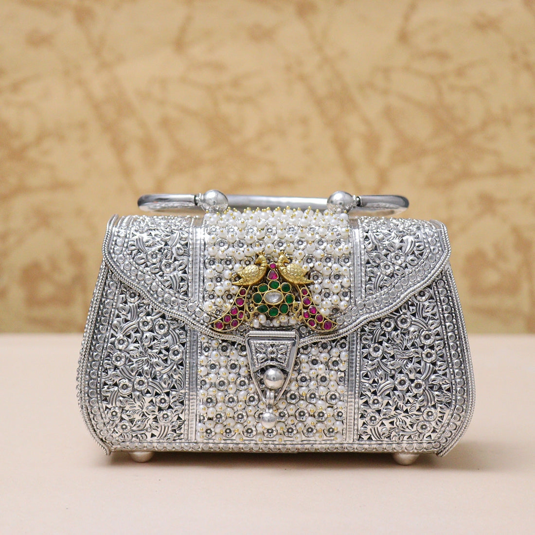 925 Antique Silver Purse with Majestic Peacock Detailing