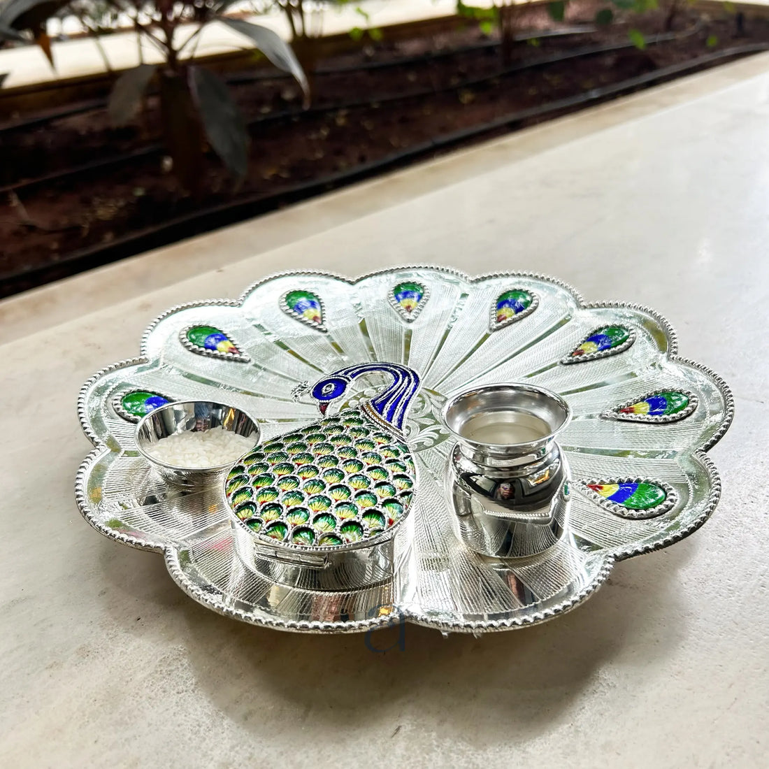 Peacock Designed Silver Thali