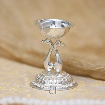 Twin Peacock Silver Diya