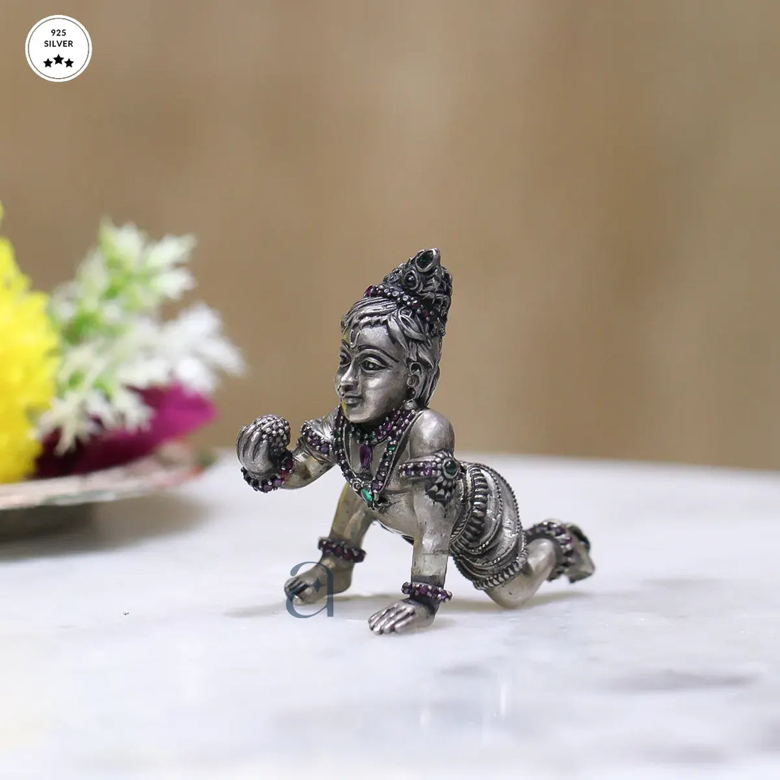 Stone Decorated Antique 925 Silver Bal Gopal Idol