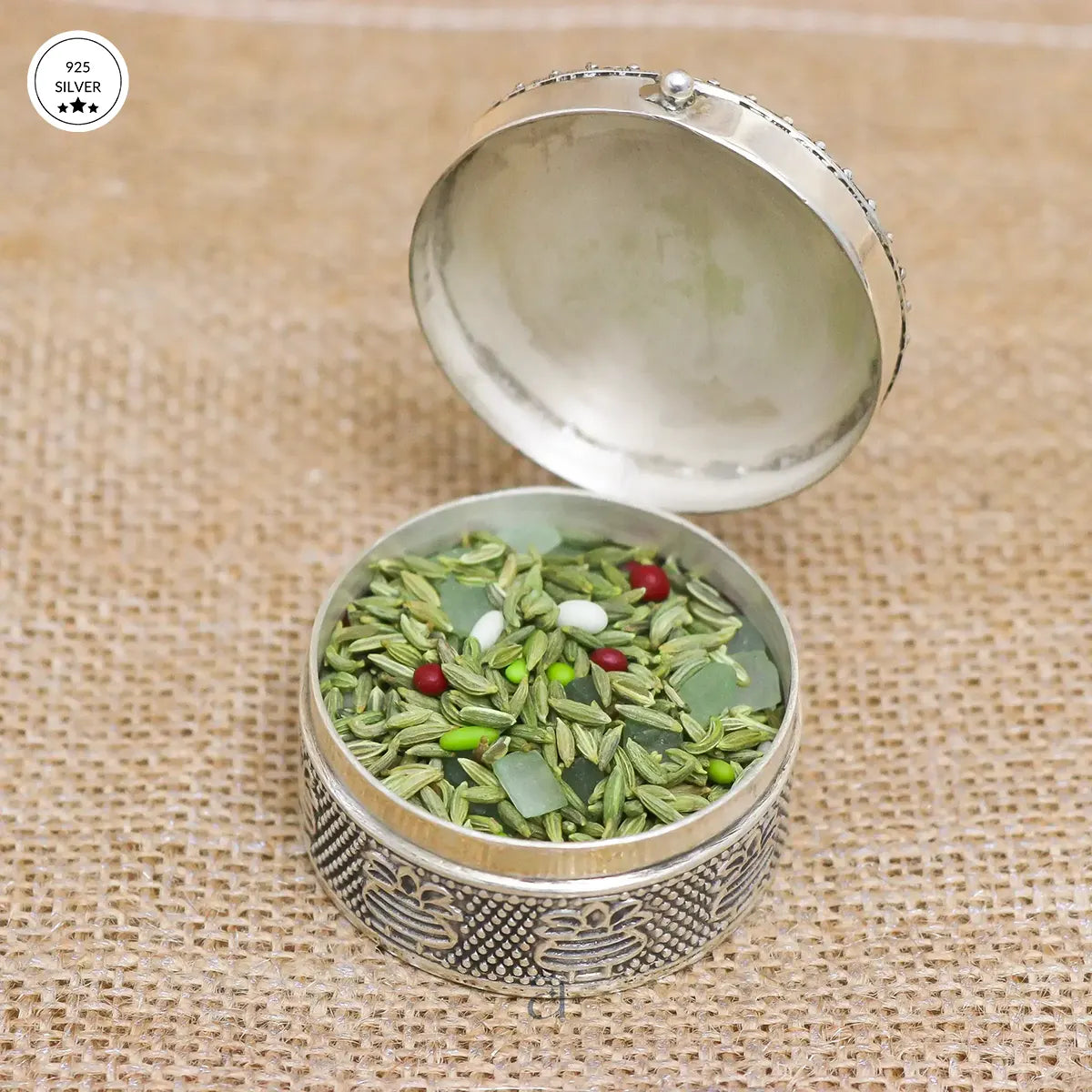 925 Green Floral Stone Decorated Antique Silver Dabbi