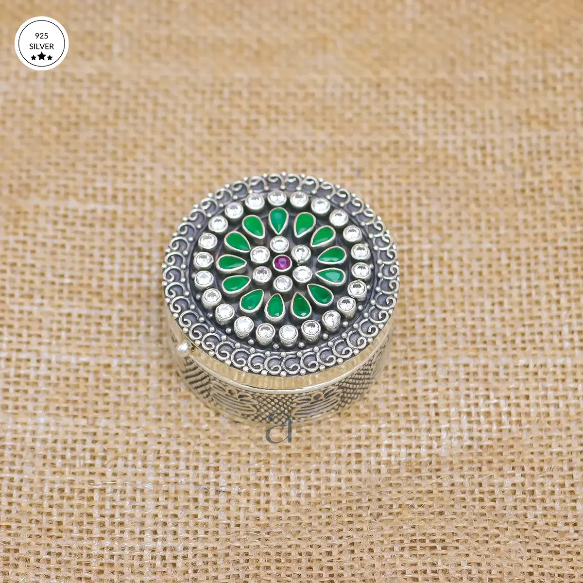 925 Green Floral Stone Decorated Antique Silver Dabbi