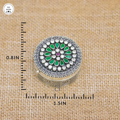 925 Green Floral Stone Decorated Antique Silver Dabbi