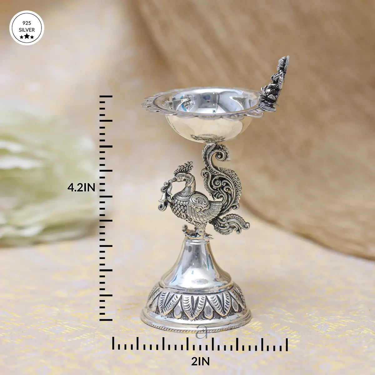 925 Antique Lakshmiji with Peacock Silver Niranjan