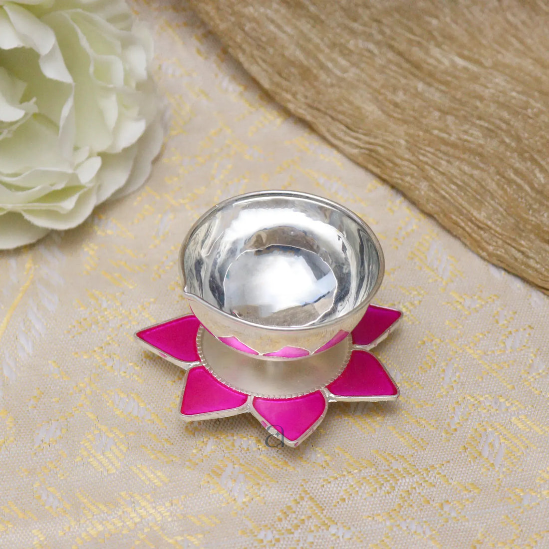 Exquisite Pink Flower Designed Silver Diya