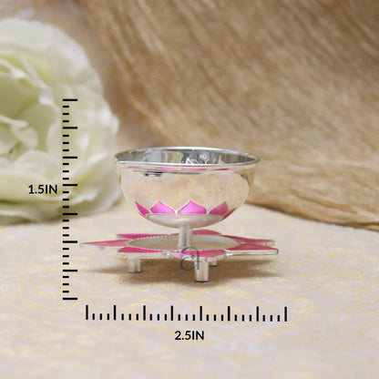 Exquisite Pink Flower Designed Silver Diya