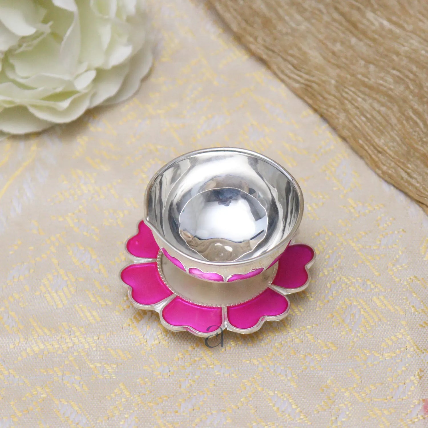 Elegant Pink Floral Silver Diya